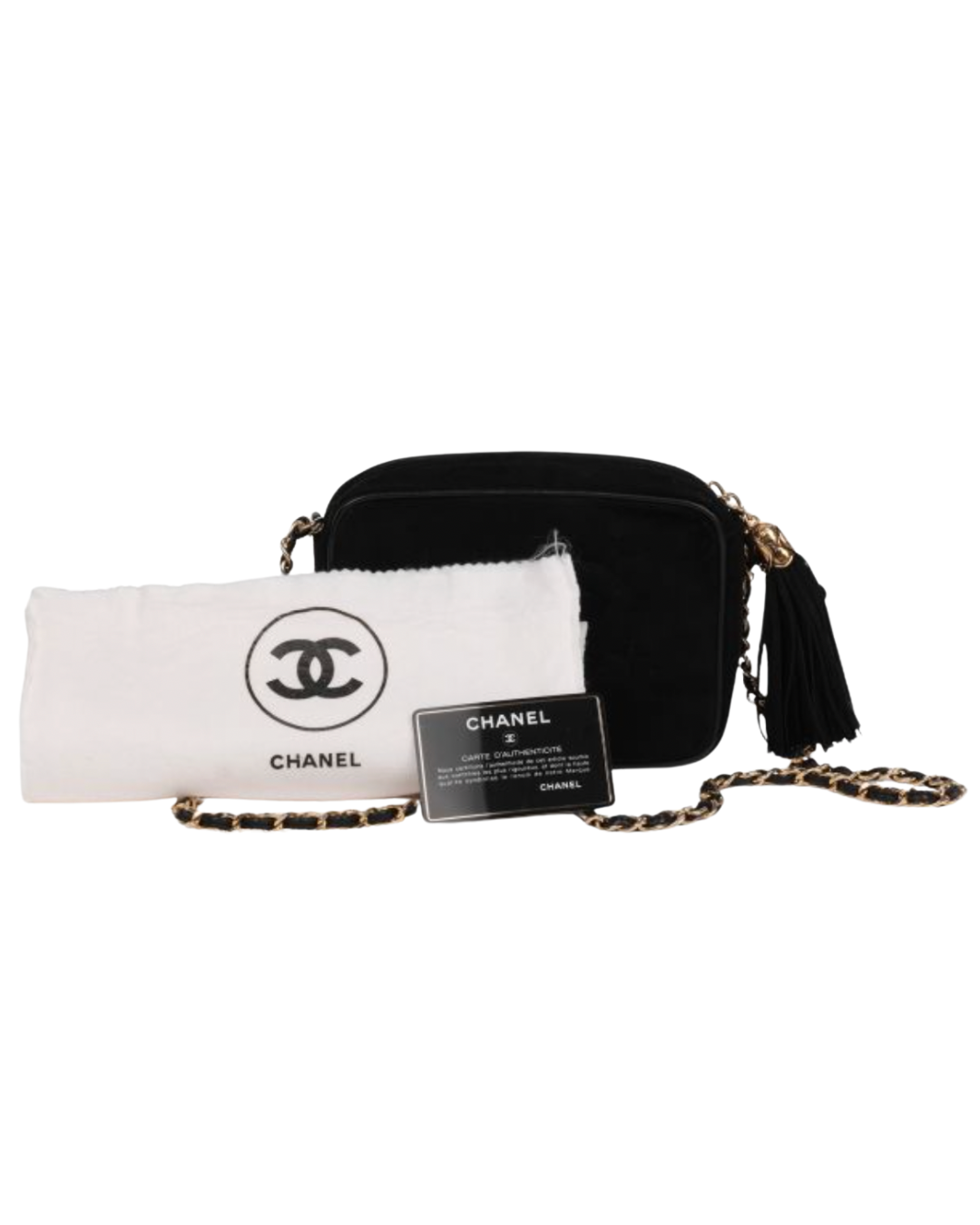 Chanel Black Quilted Suede & Lambskin Leather Vintage Mini Timeless Fringe Camera Bag