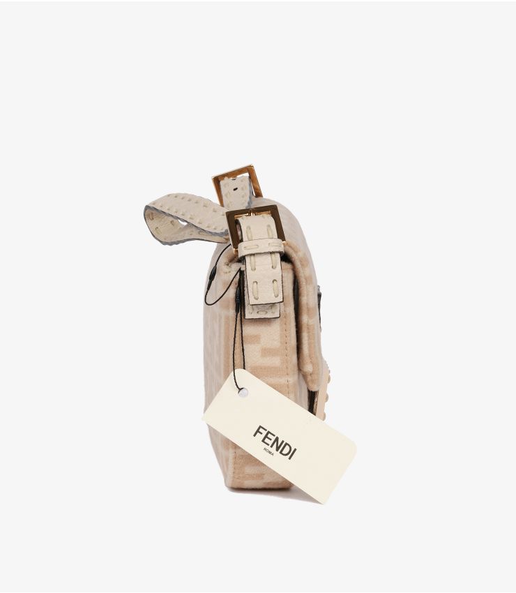 Fendi Beige Wool & Cream Calfskin Leather Baguette Shoulder Bag (pre-owned)