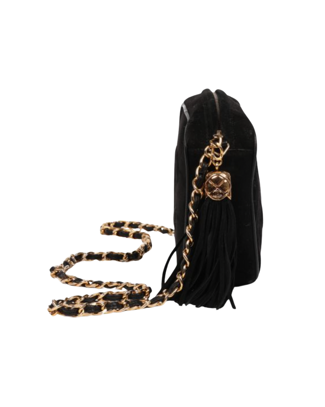 Chanel Black Quilted Suede & Lambskin Leather Vintage Mini Timeless Fringe Camera Bag