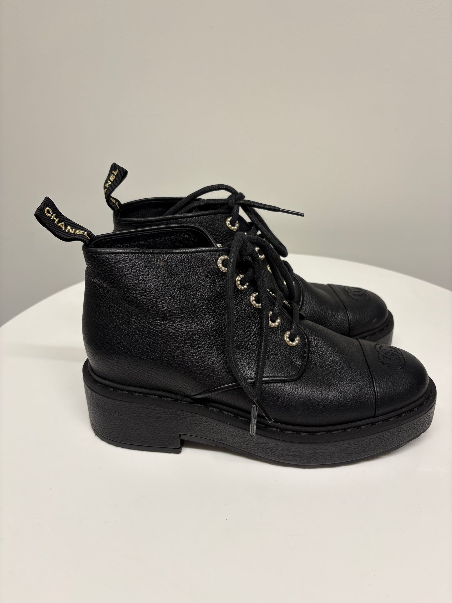 Chanel Black Lace Up Biker Boots (pre-owned)
