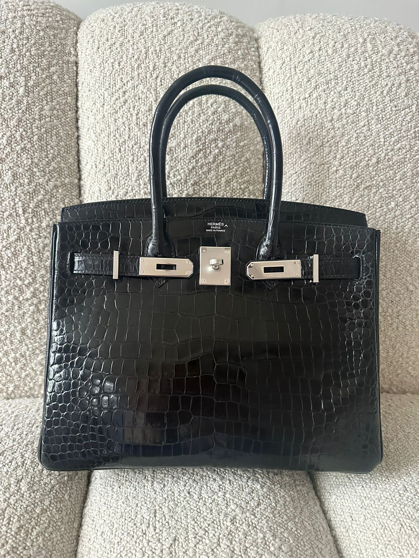 Hermès Black Shiny Porosus Crocodile Leather Birkin 30cm Retourne (pre-owned)