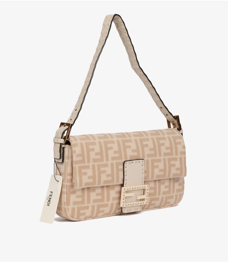 Fendi Beige Wool & Cream Calfskin Leather Baguette Shoulder Bag (pre-owned)