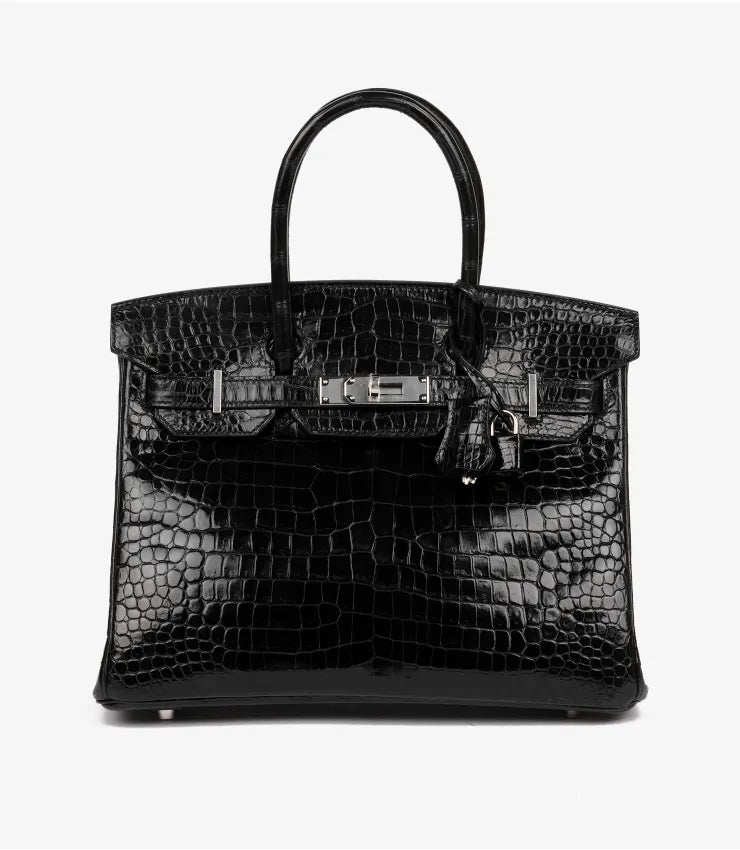Hermès Black Shiny Porosus Crocodile Leather Birkin 30cm Retourne (pre-owned)