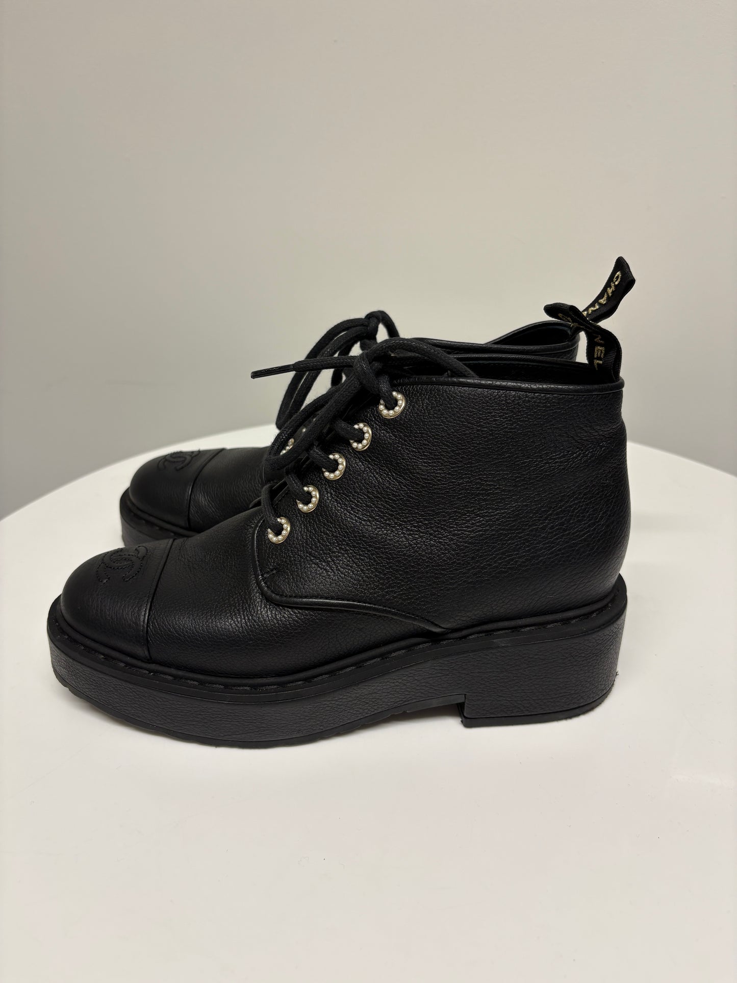 Chanel Black Lace Up Biker Boots (pre-owned)