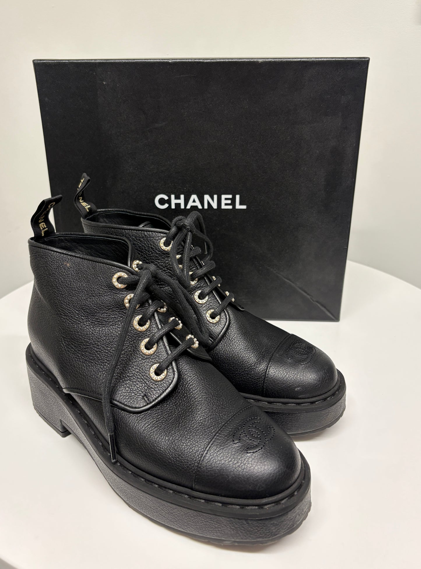 Chanel Black Lace Up Biker Boots (pre-owned)