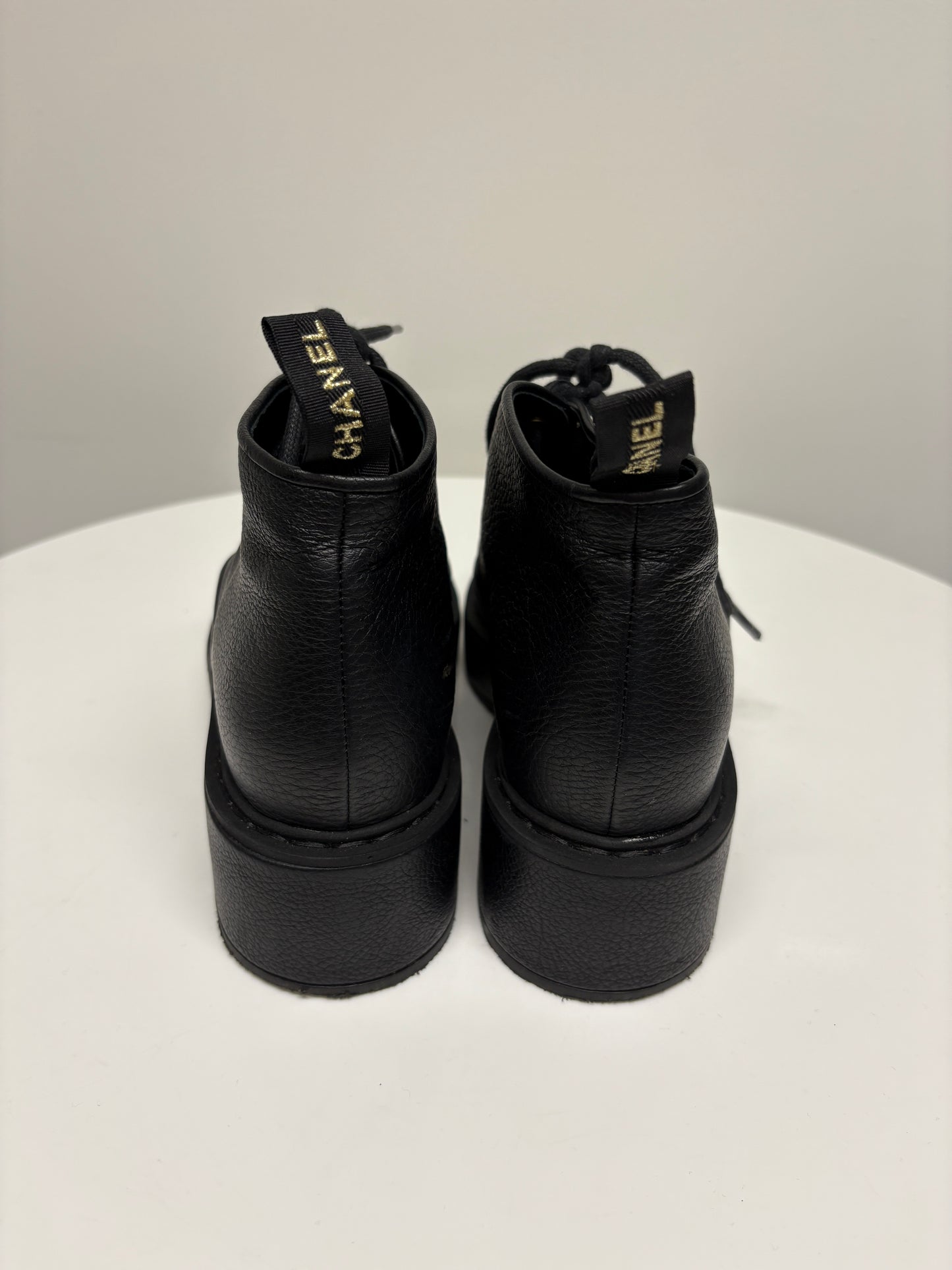Chanel Black Lace Up Biker Boots (pre-owned)