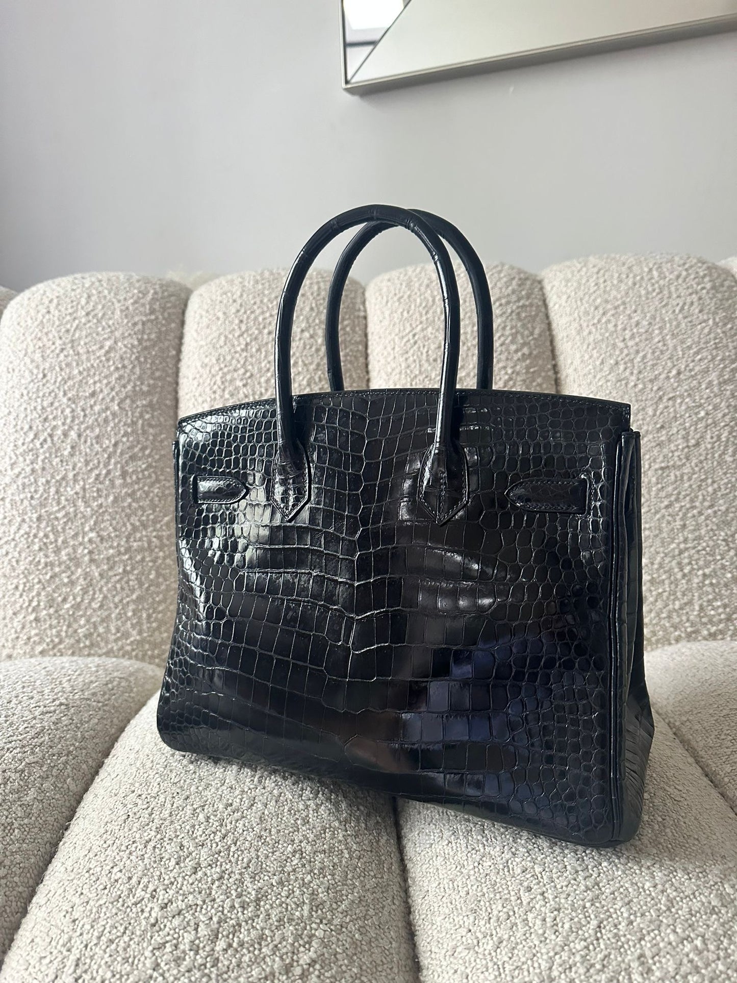 Hermès Black Shiny Porosus Crocodile Leather Birkin 30cm Retourne (pre-owned)