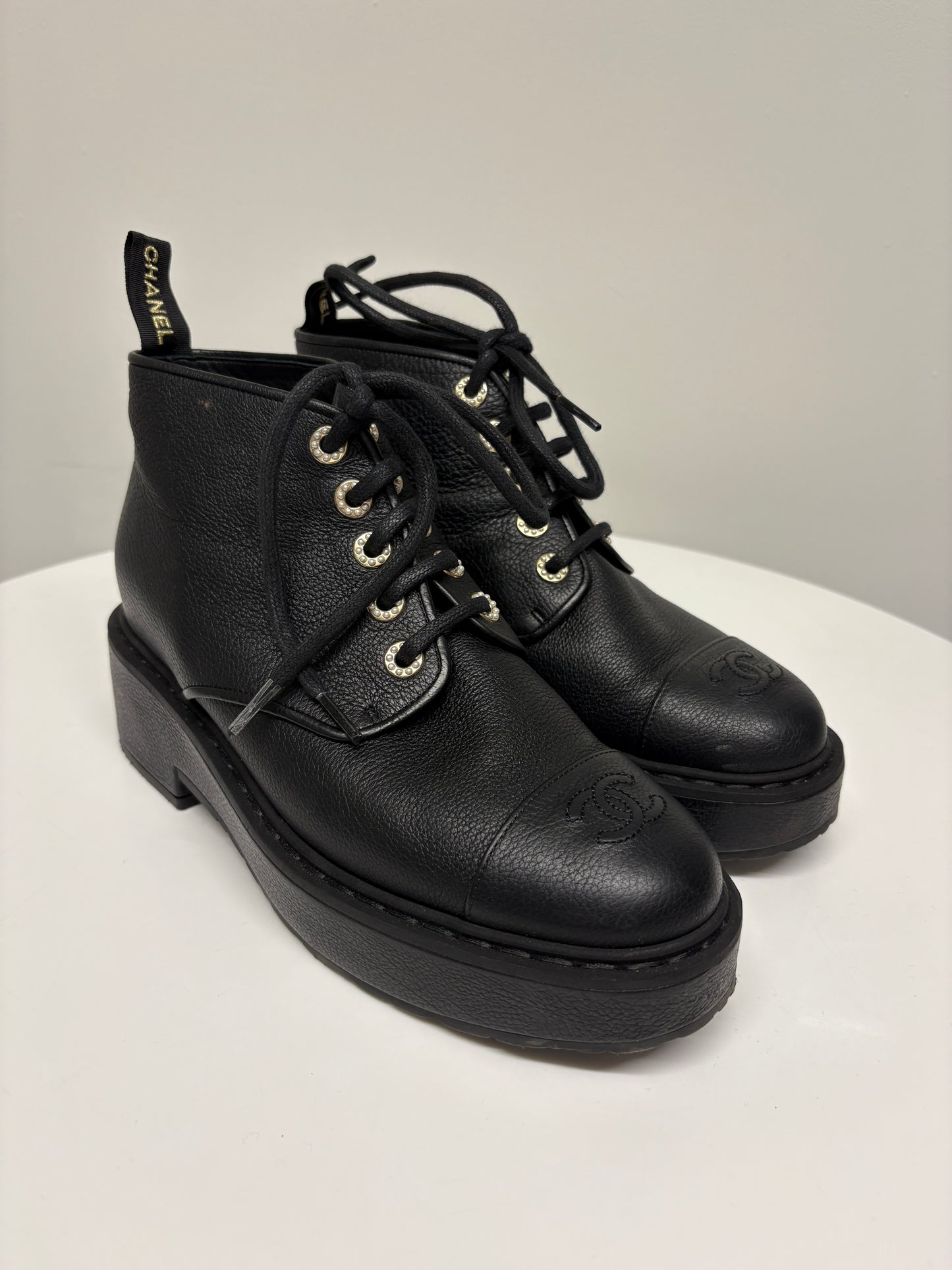 Chanel Black Lace Up Biker Boots (pre-owned)