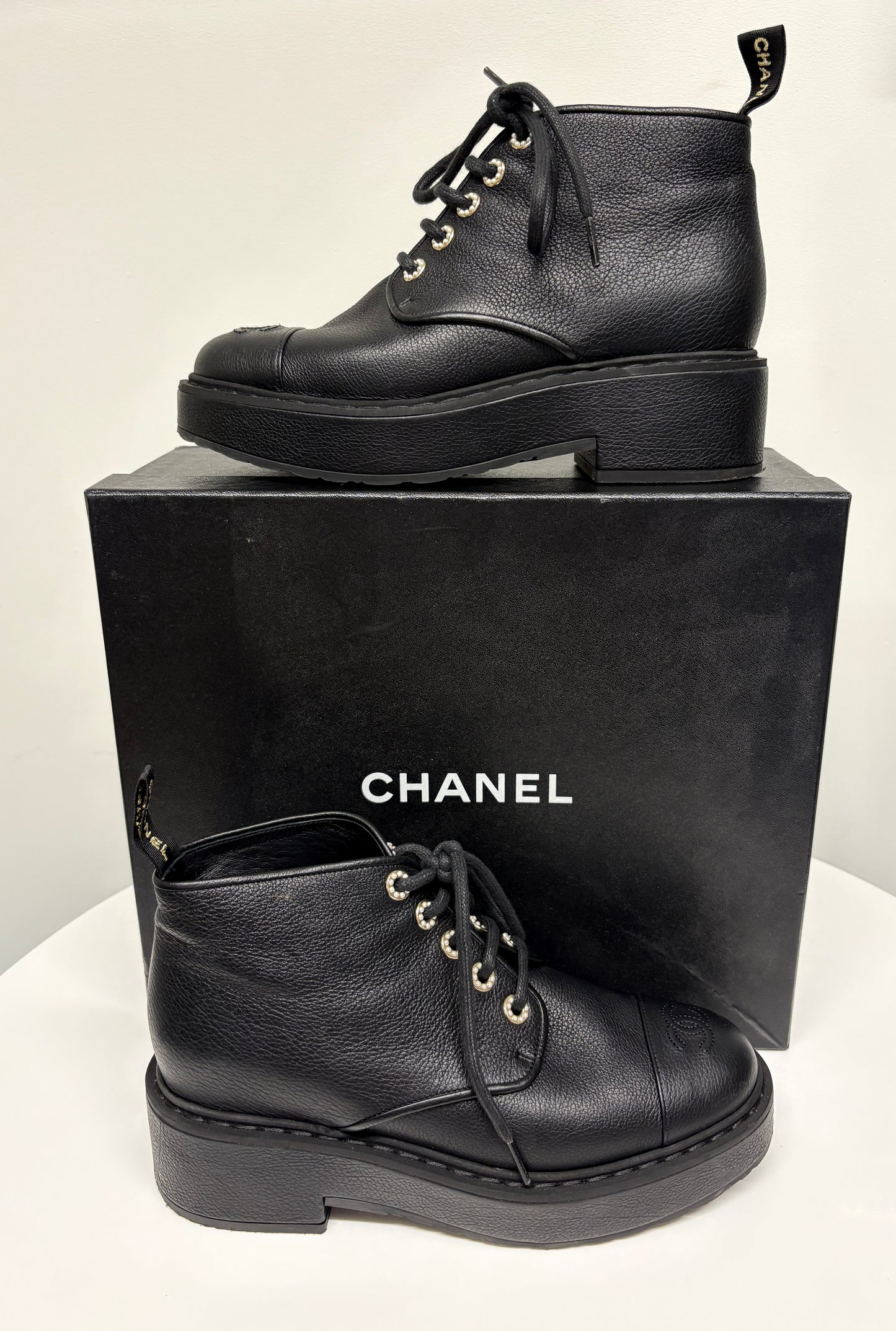 Chanel Black Lace Up Biker Boots (pre-owned)