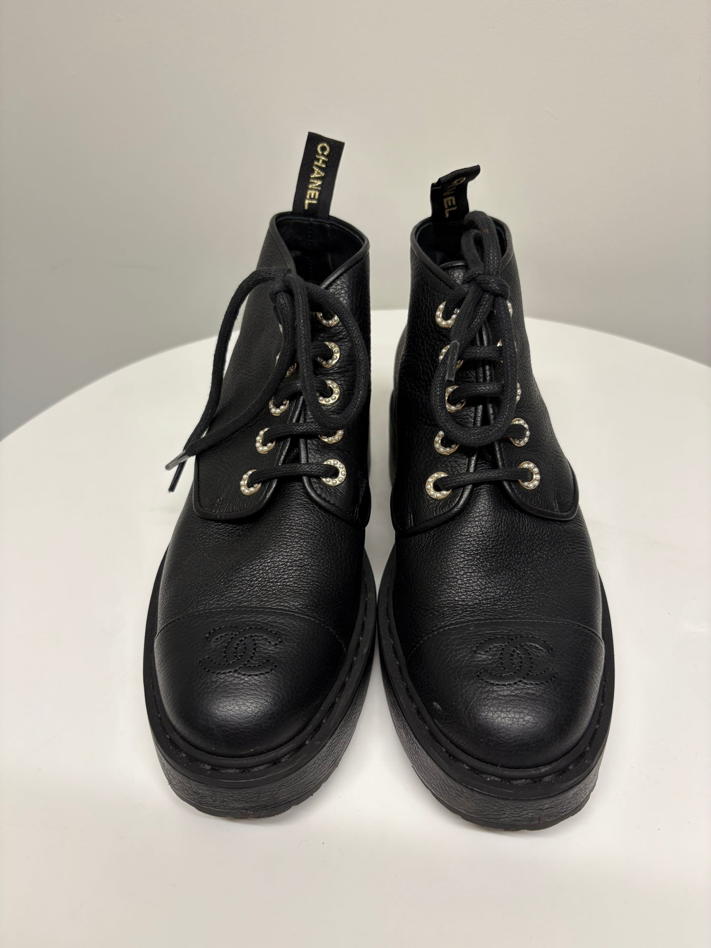 Chanel Black Lace Up Biker Boots (pre-owned)