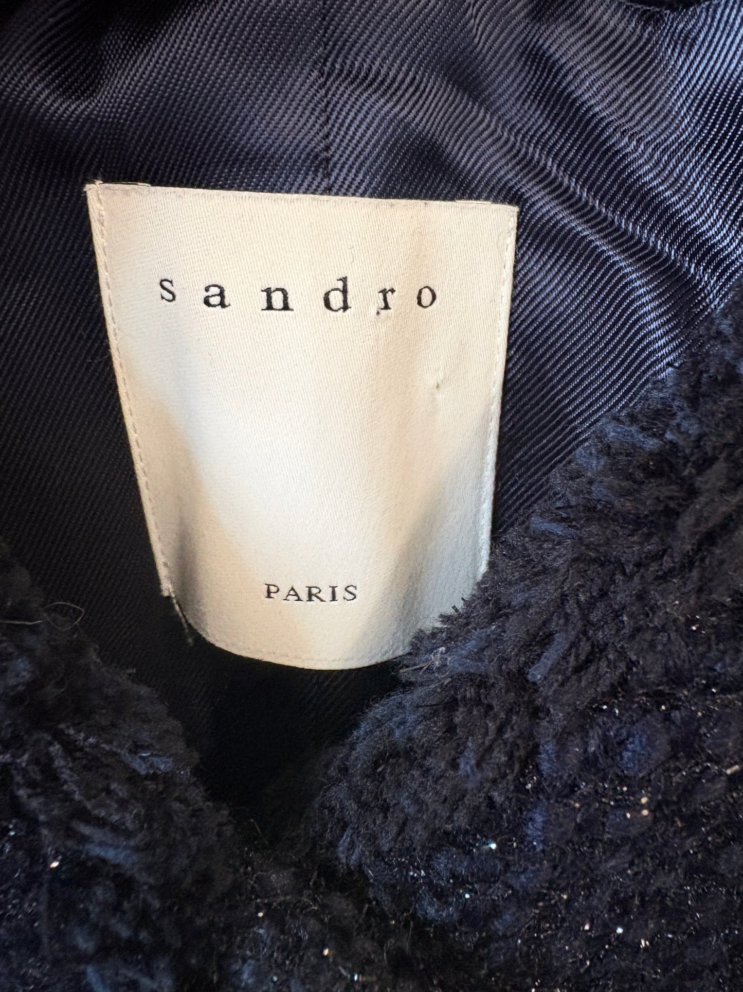 Sandro Paris Blue Fringe Trim Tweed Jacket With Gold Buttons
