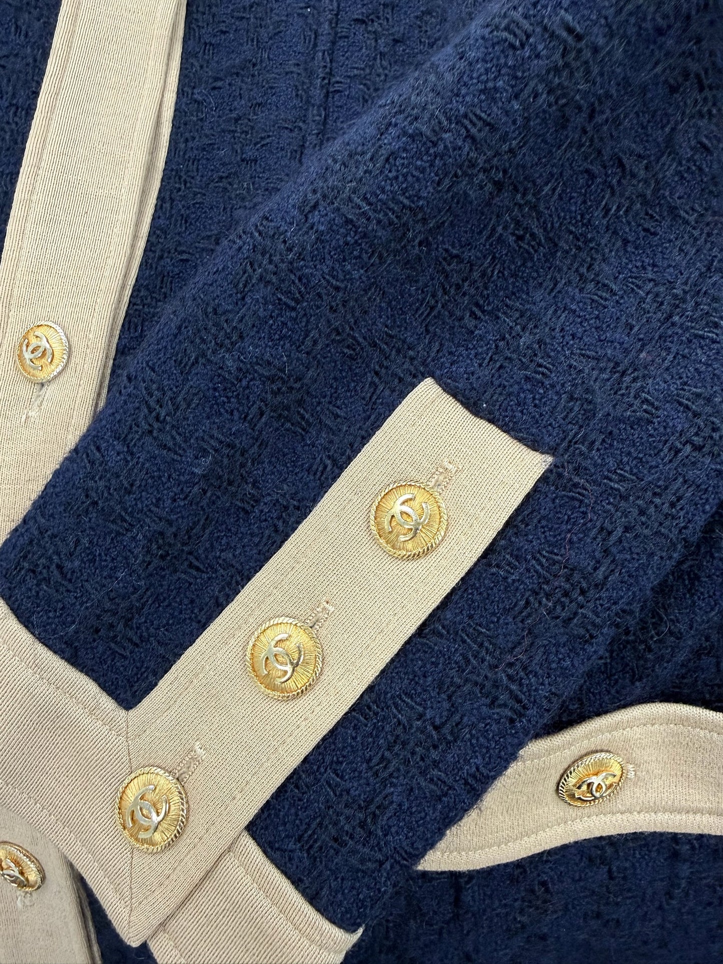 Chanel Navy Wool Long Jacket With Tan Trim