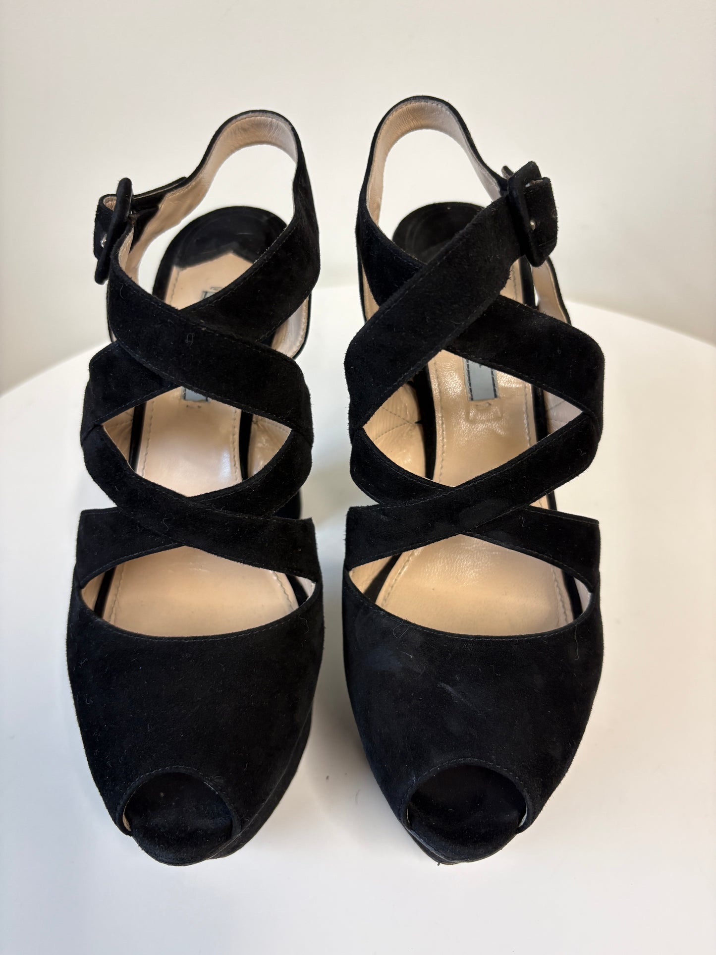 Prada Black Suede Platform Cut Out Heels