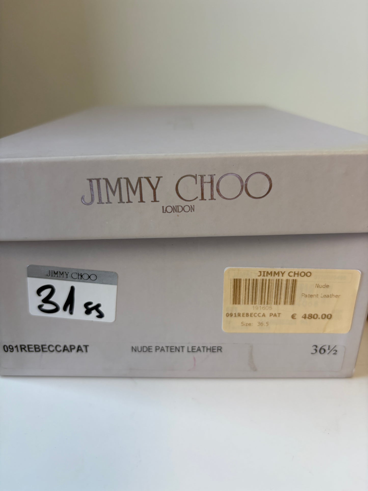 Jimmy Choo Nude Patent Leather Peep Toe Heels