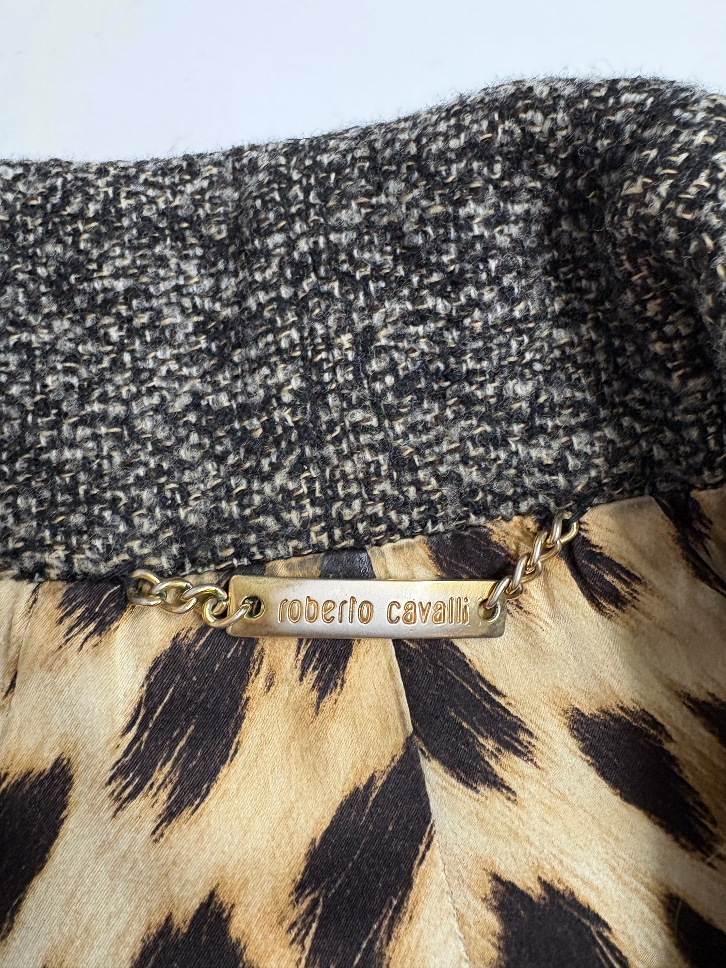 Roberto Cavalli Grey Wool Zip Up Jacket With Leopard Lining (pre-owned)