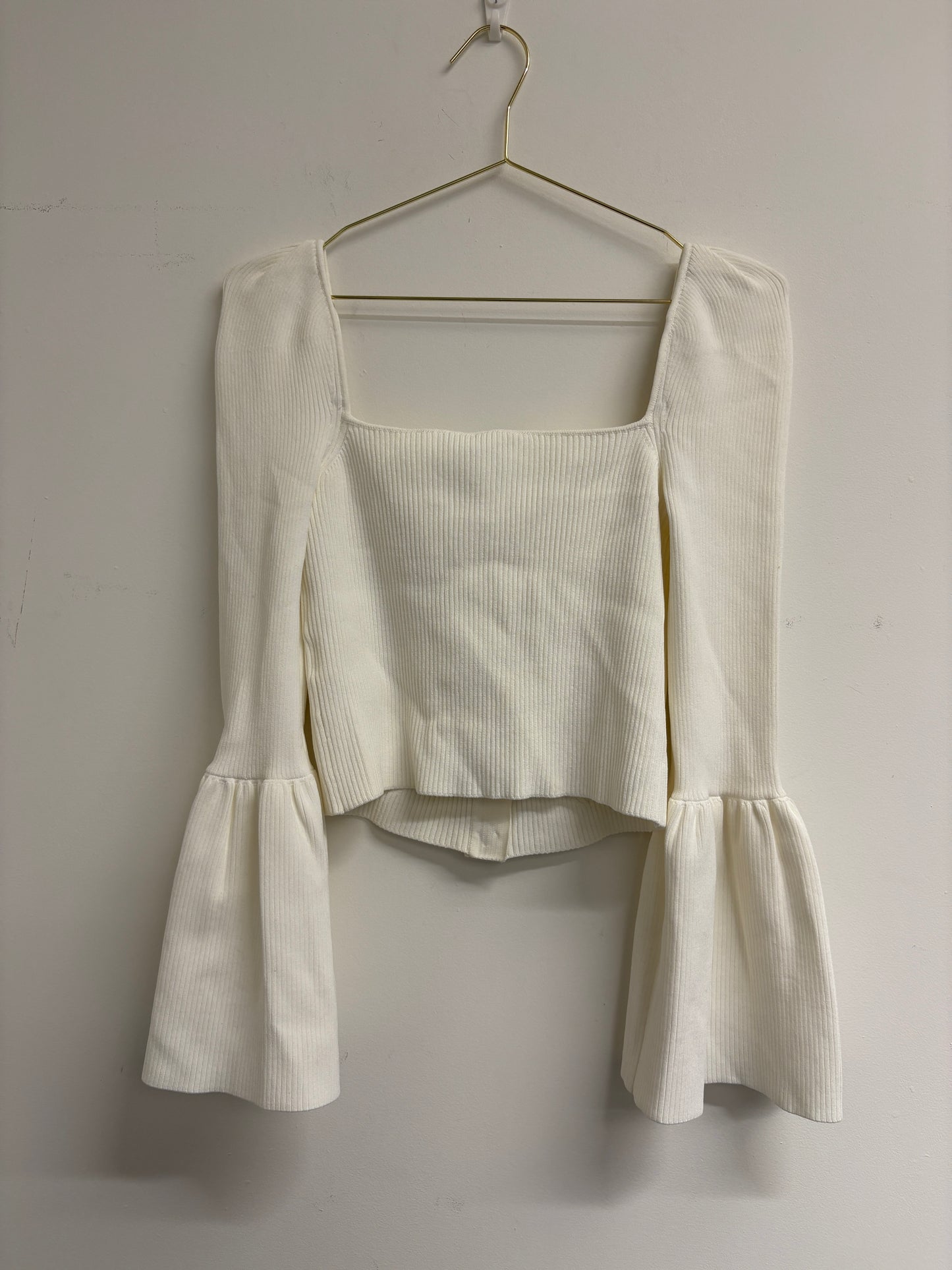 Self Portrait Cream Ribbed Crop Top With Gold Buttons