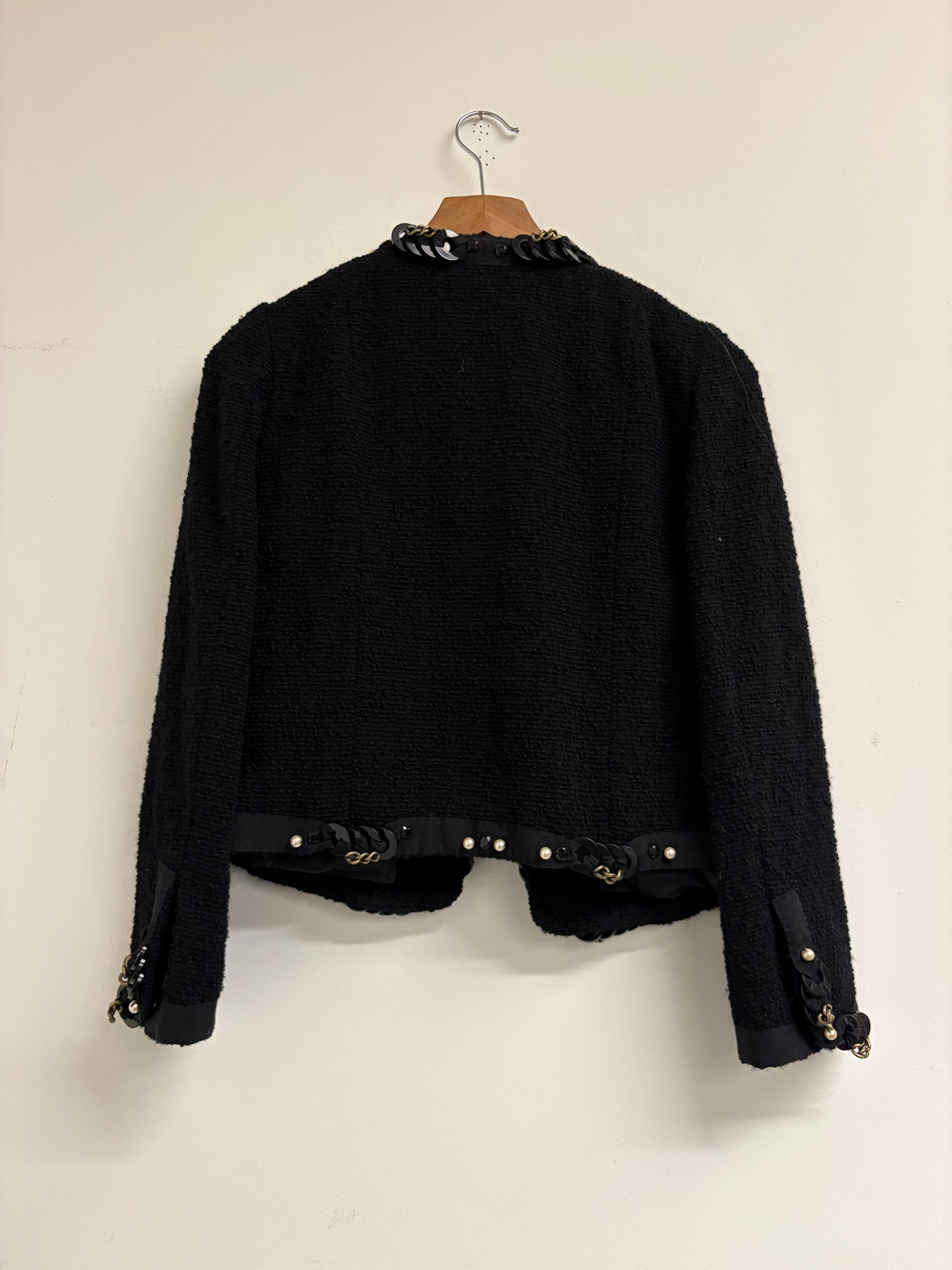 Moschino Black Chain And Pearl Embellished Short Wool Jacket