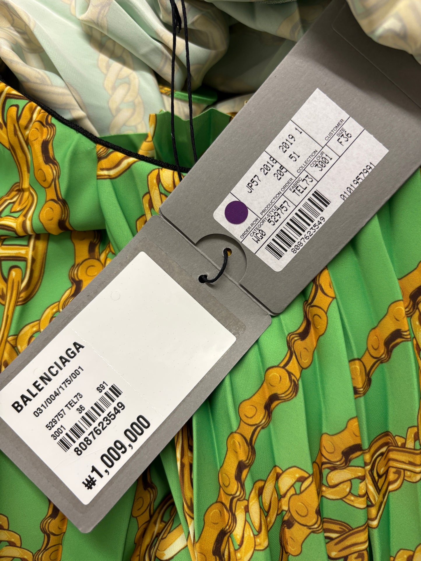 Balenciaga Green Chain Print Pleated Midi Skirt