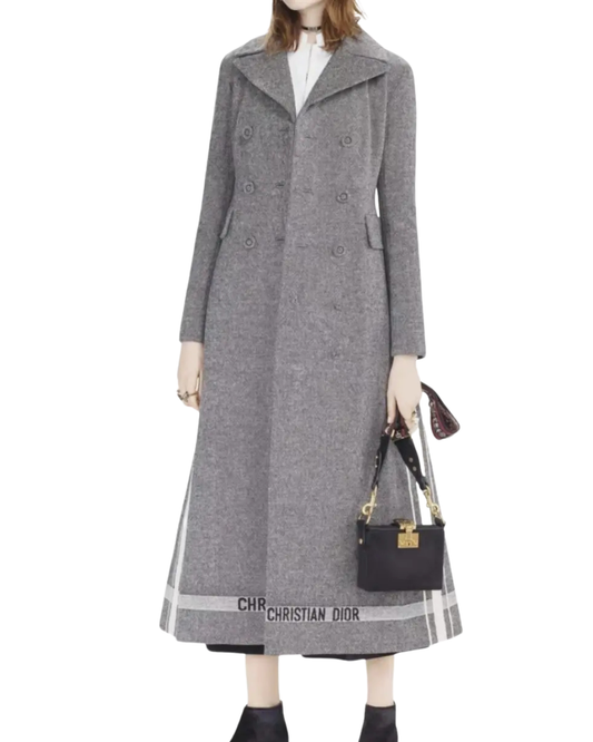 Christian Dior Grey Wool Longline Double-brested Coat With Logo