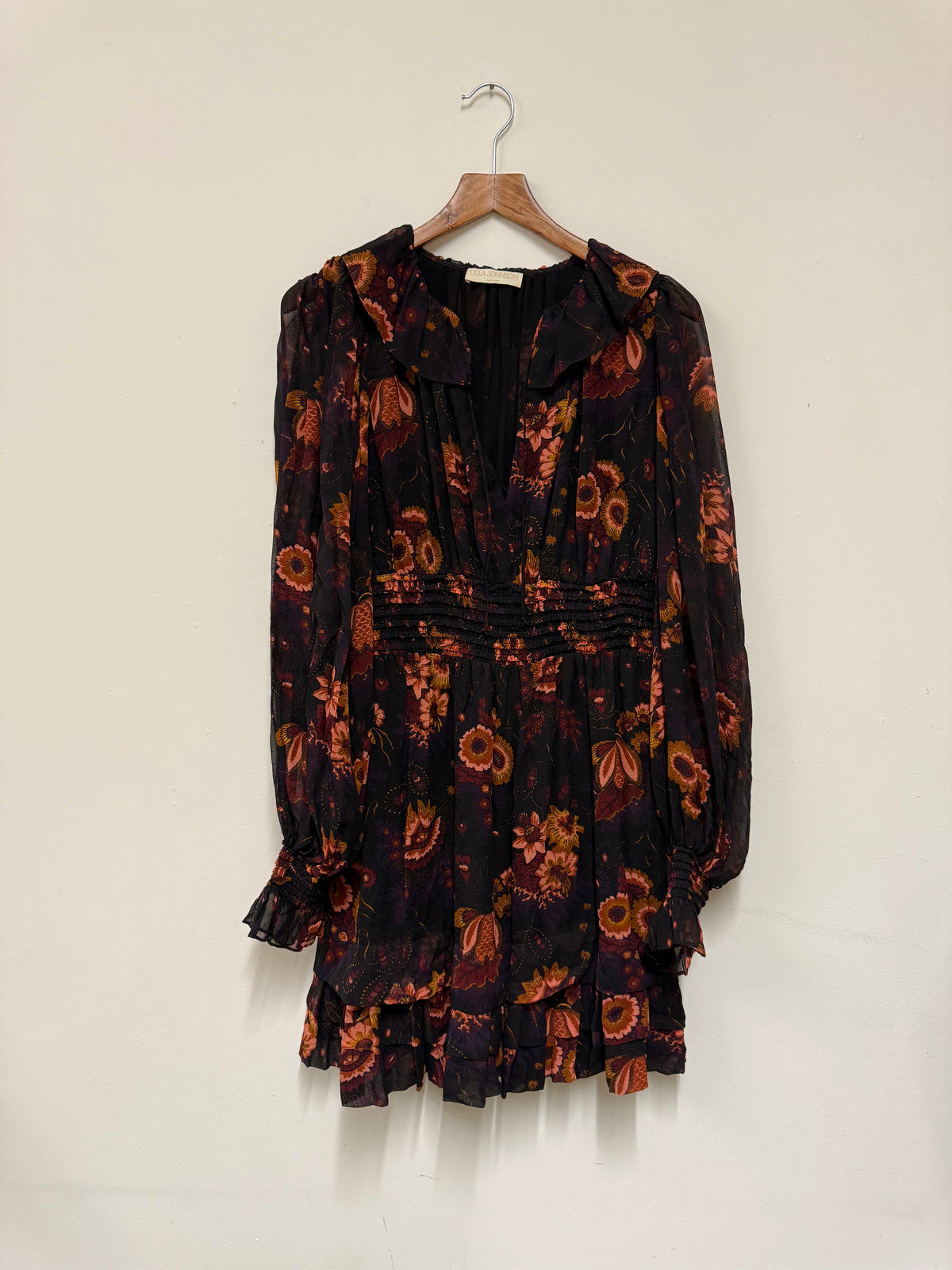 Ulla Johnson black floral long sleeve mini dress
