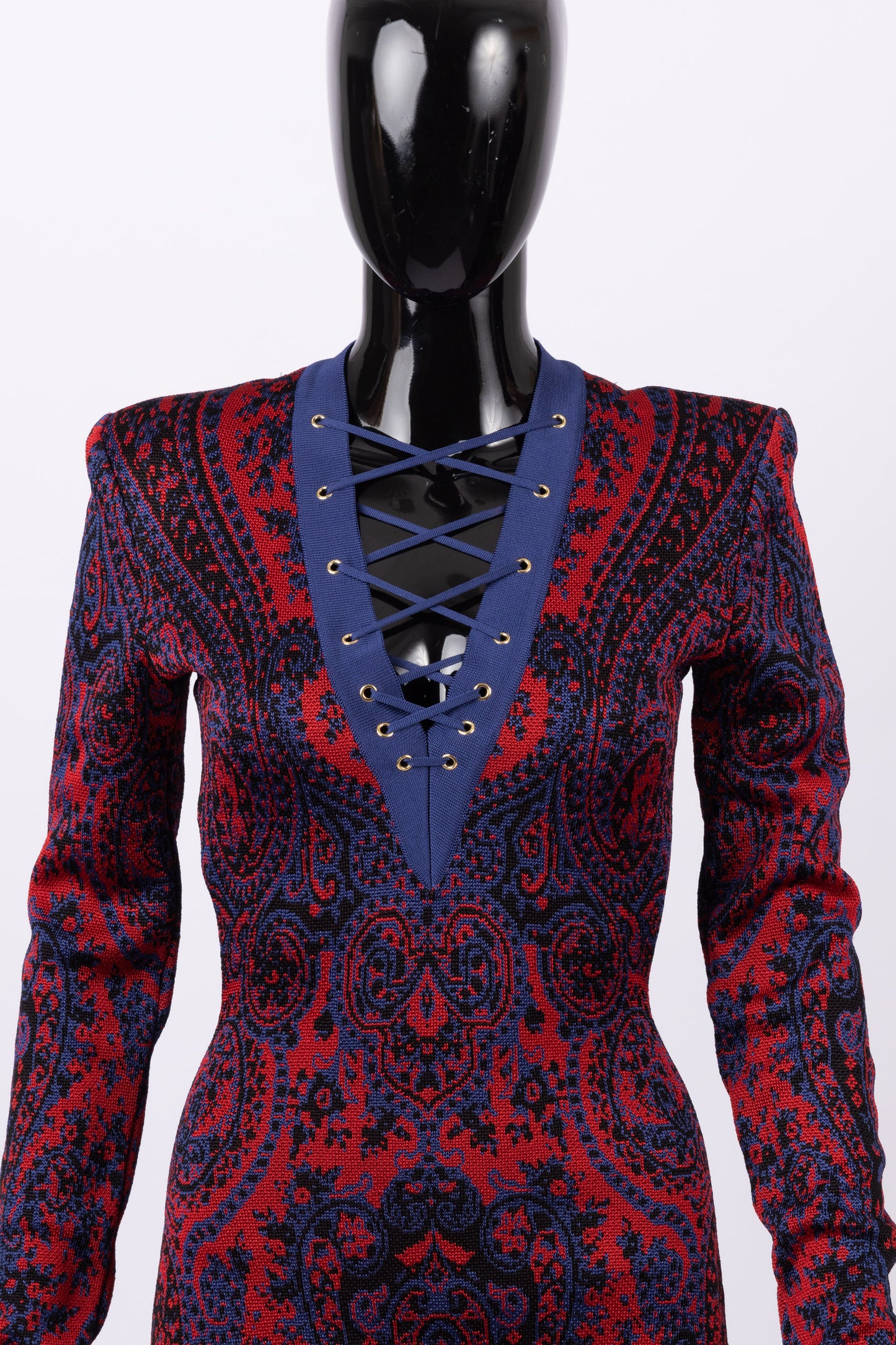Balmain red and blue long sleeved bodycon dress (pre-owned)