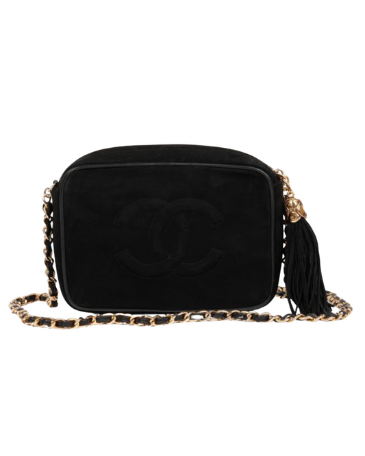 Chanel Black Quilted Suede & Lambskin Leather Vintage Mini Timeless Fringe Camera Bag