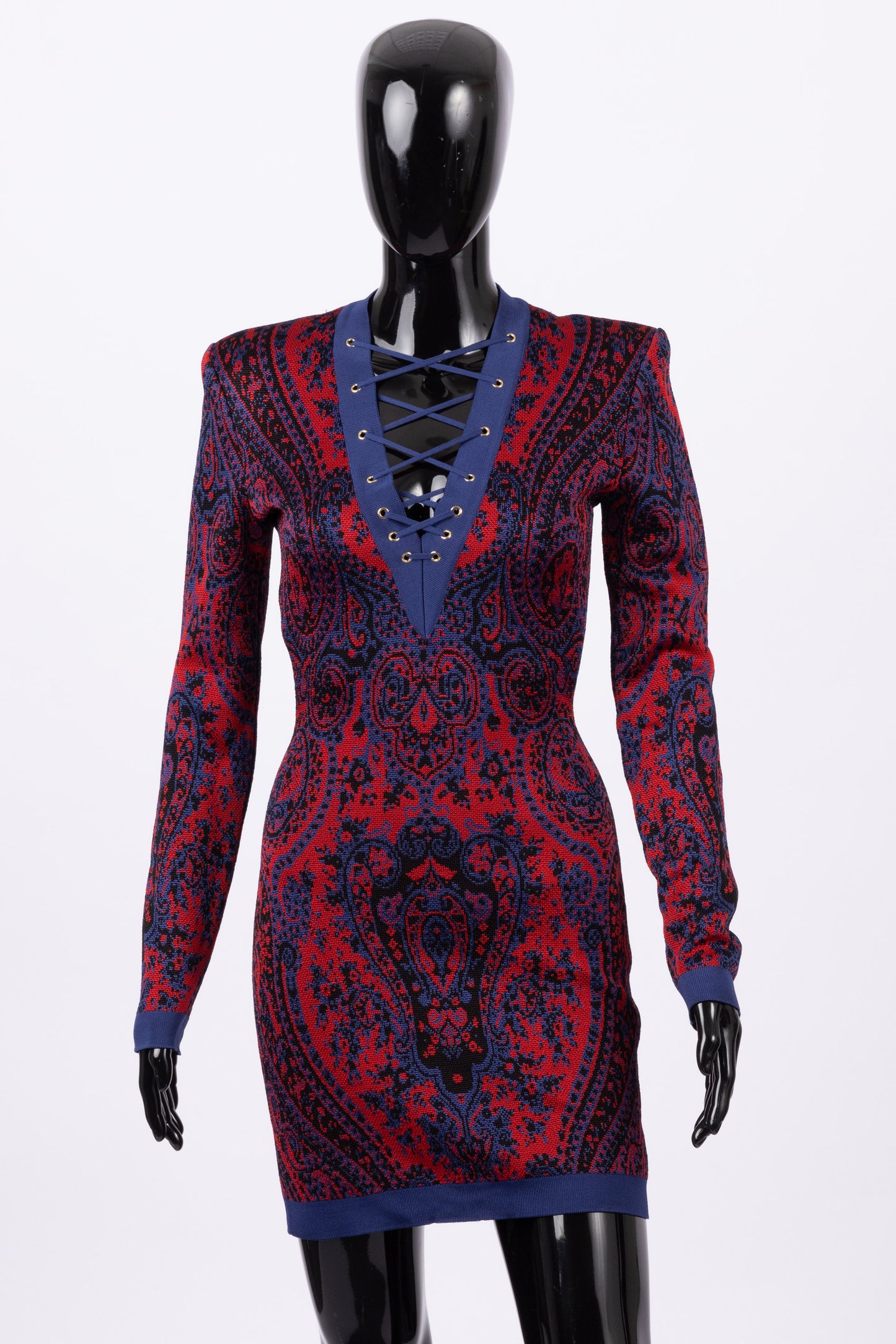 Balmain red and blue long sleeved bodycon dress (pre-owned)