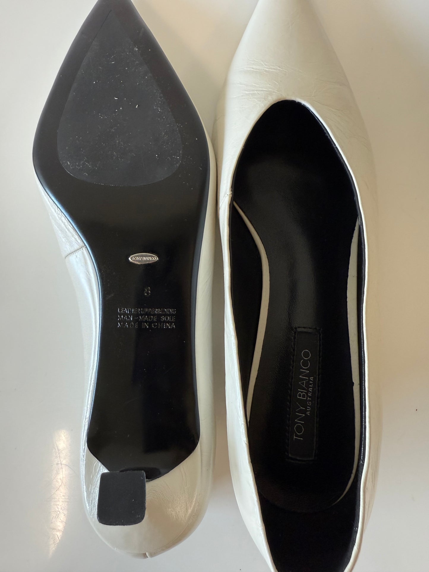 Tony Bianco white cherry dove crinkle kitten heels (pre owned)