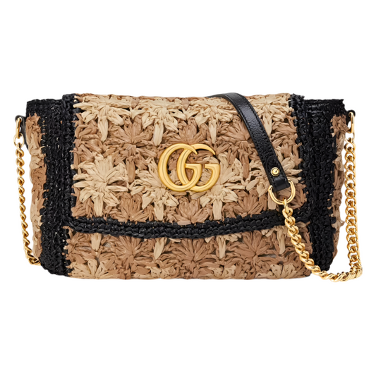 Gucci Brown/Black Woven Floral Raffia GG Marmont Small Shoulder Bag (pre-owned)