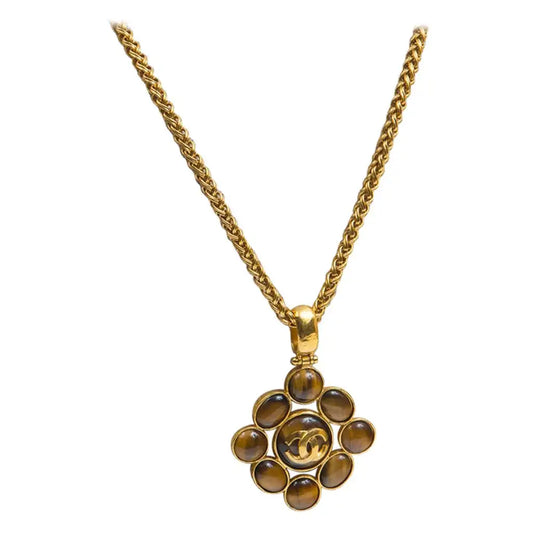 Chanel Large Gold Chain With Tigers Eye Pendant