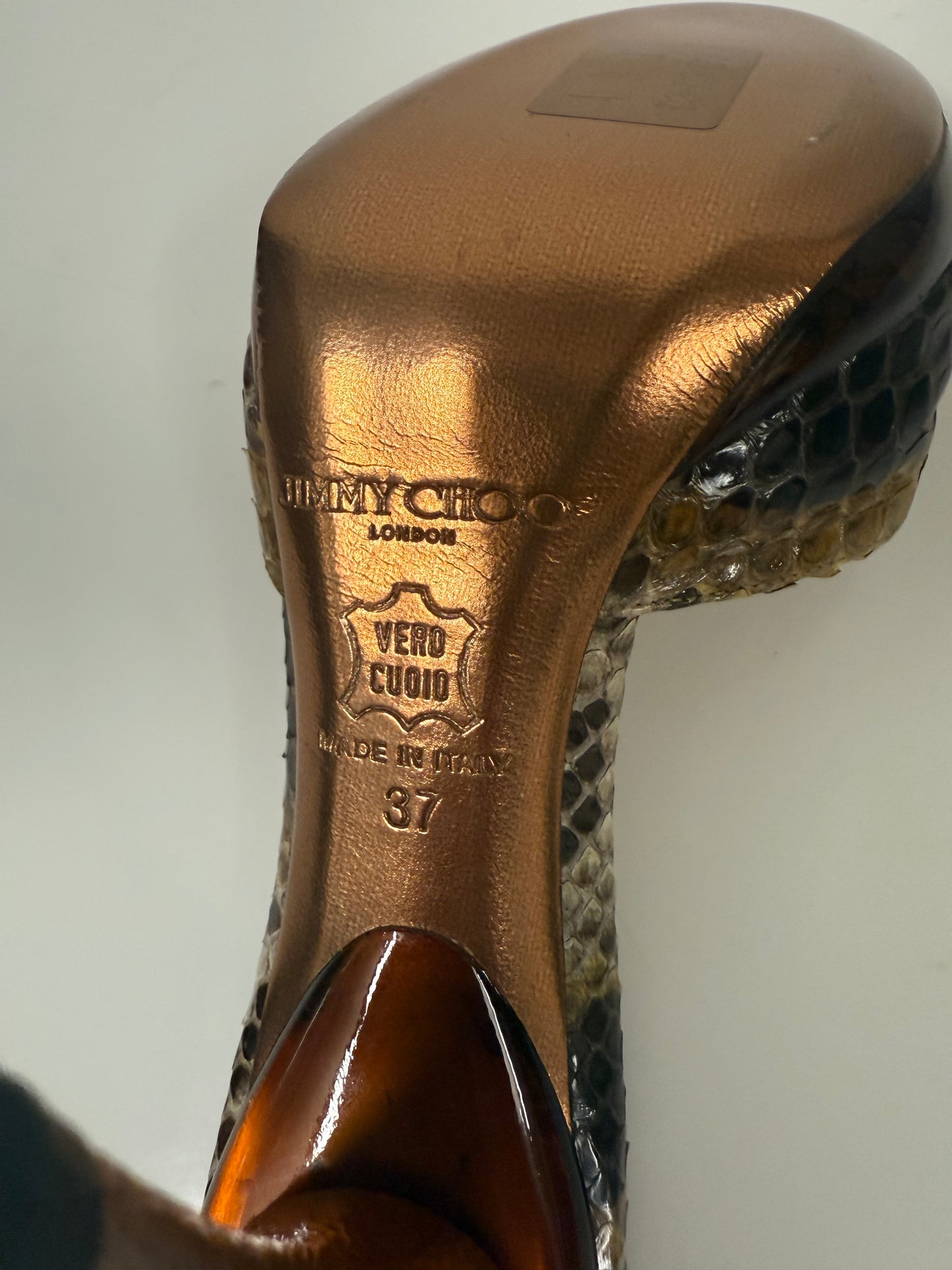 Jimmy Choo tiara mules in python jungle snake (pre owned)