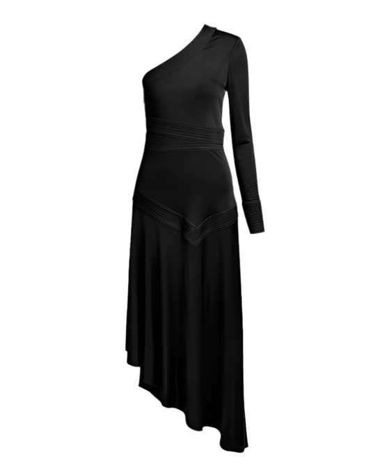 Alexis Black drop waist one shoulder midi dress (pre-owned)