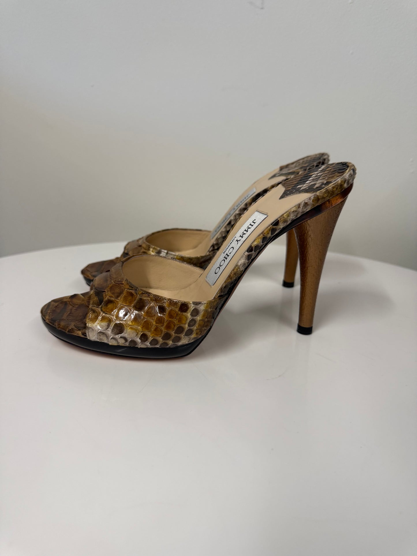 Jimmy Choo tiara mules in python jungle snake (pre owned)
