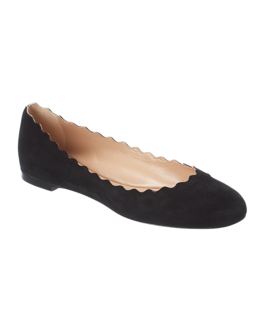 Chloe Black Lauren Scalloped Suede Ballerina Flat