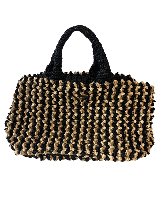 Prada Black And Beige Canapa Raffia Bag
