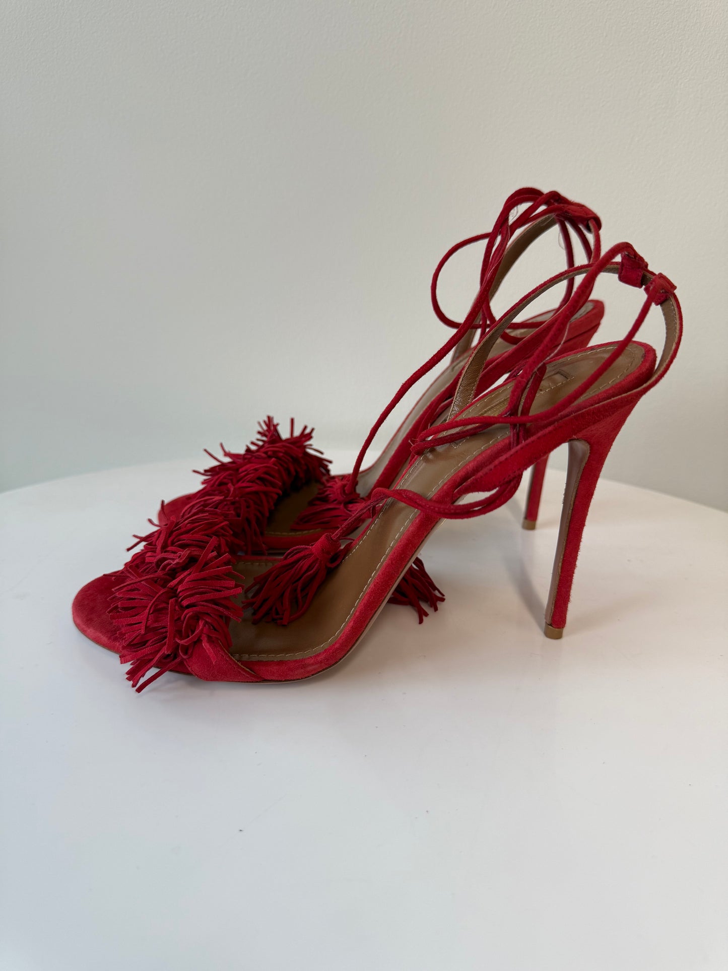 Aquazzura Red lace up suede heeled sandals (pre-owned)