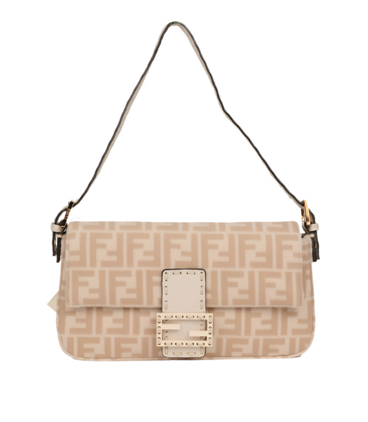 Fendi Beige Wool & Cream Calfskin Leather Baguette Shoulder Bag (pre-owned)