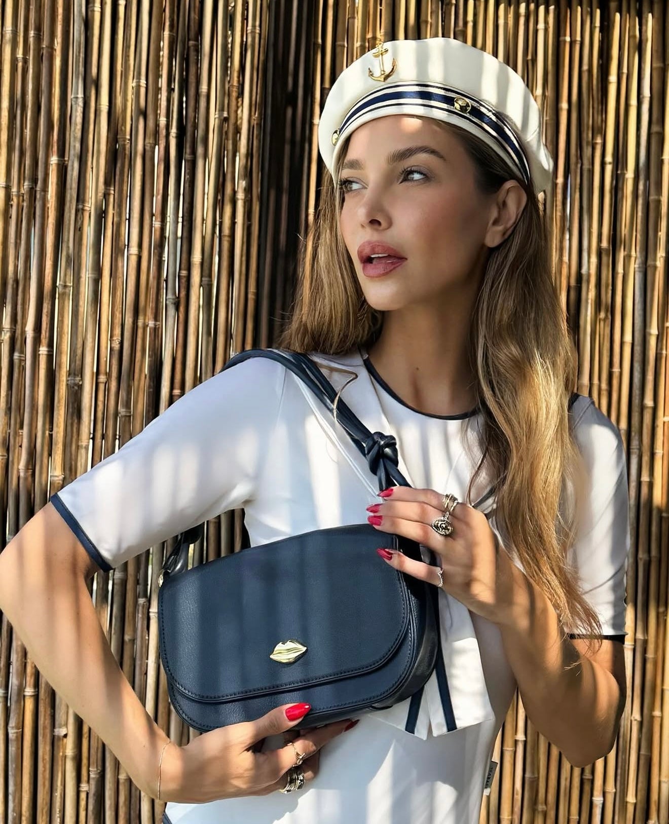 Lulu Guinness Navy Blue Lips Leather Shoulder Bag