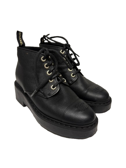 Chanel Black Lace Up Biker Boots (pre-owned)