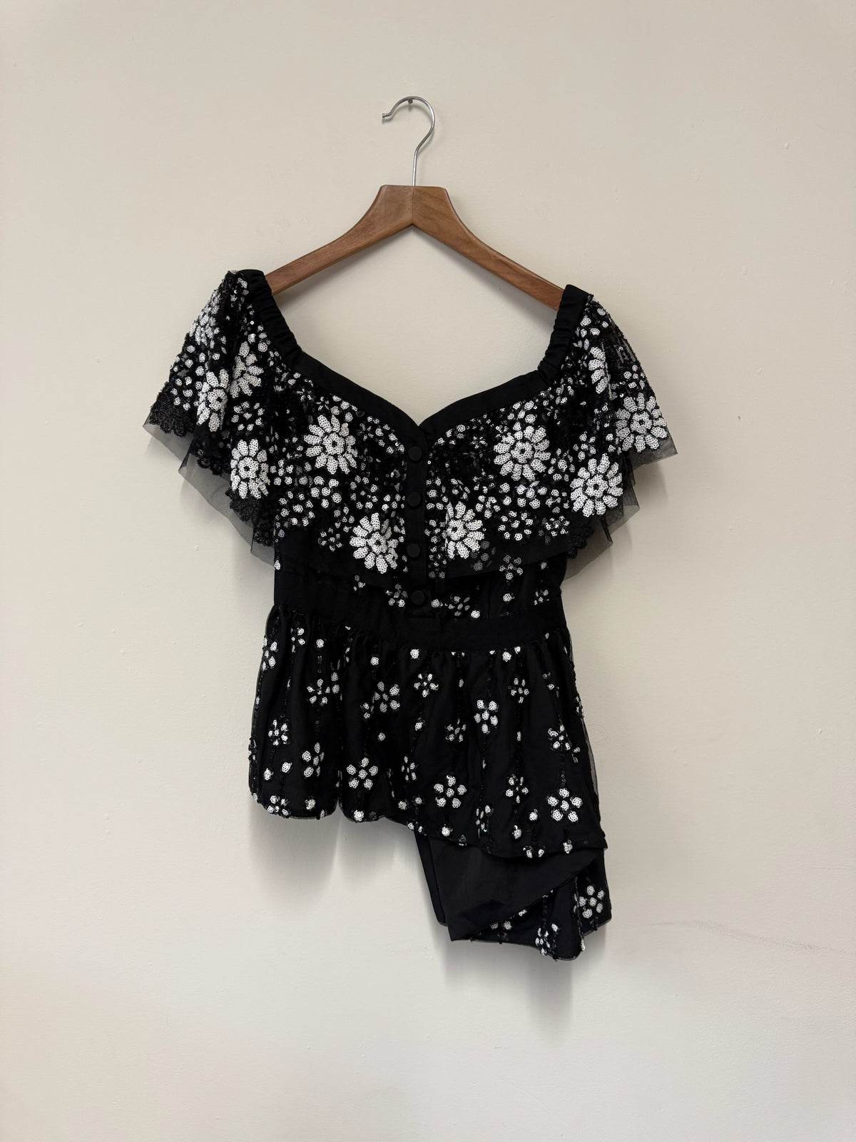 Self Portrait Black Sequin Embellished Floral Top