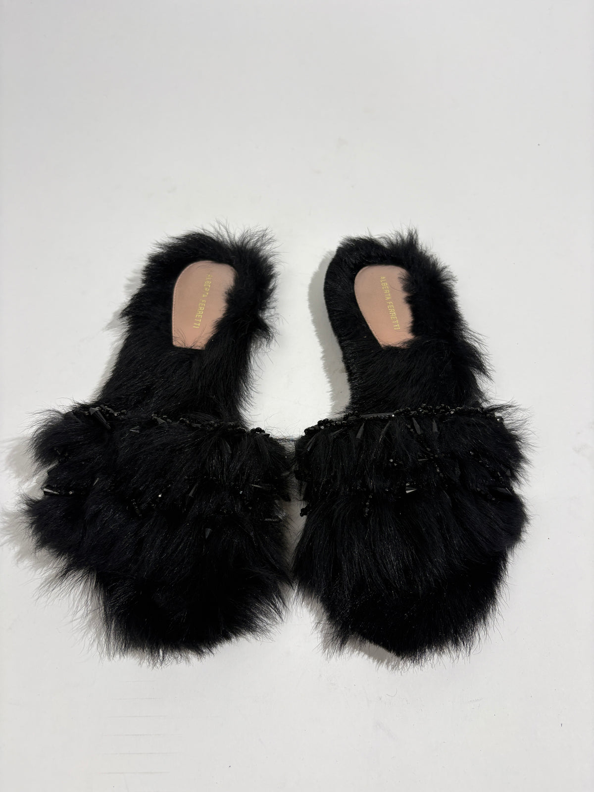 Alberta Ferretti Black Fur And Crystal Embellished Slides