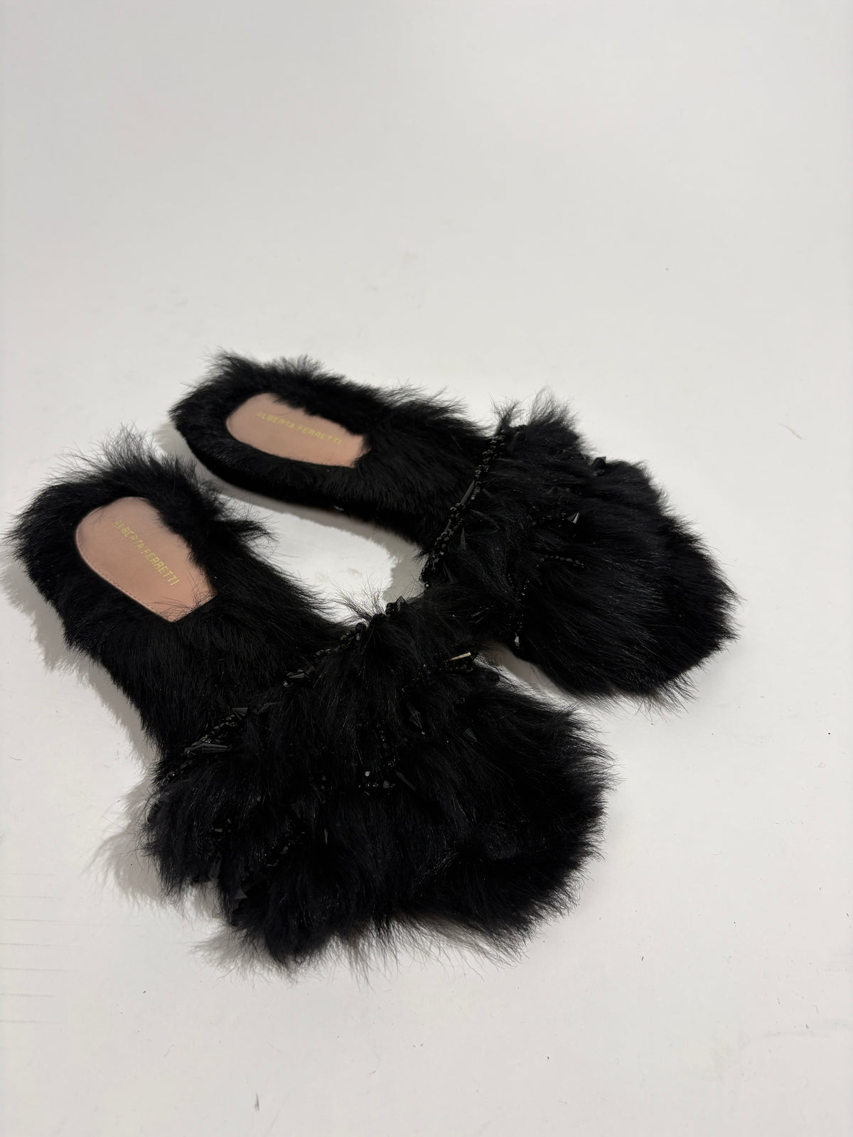 Alberta Ferretti Black Fur And Crystal Embellished Slides