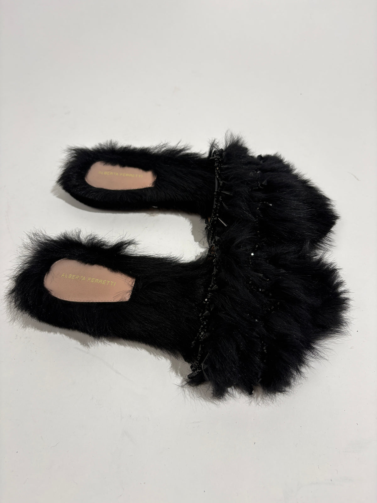 Alberta Ferretti Black Fur And Crystal Embellished Slides