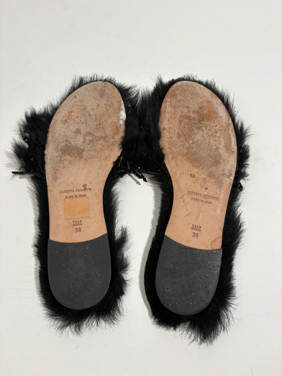 Alberta Ferretti Black Fur And Crystal Embellished Slides