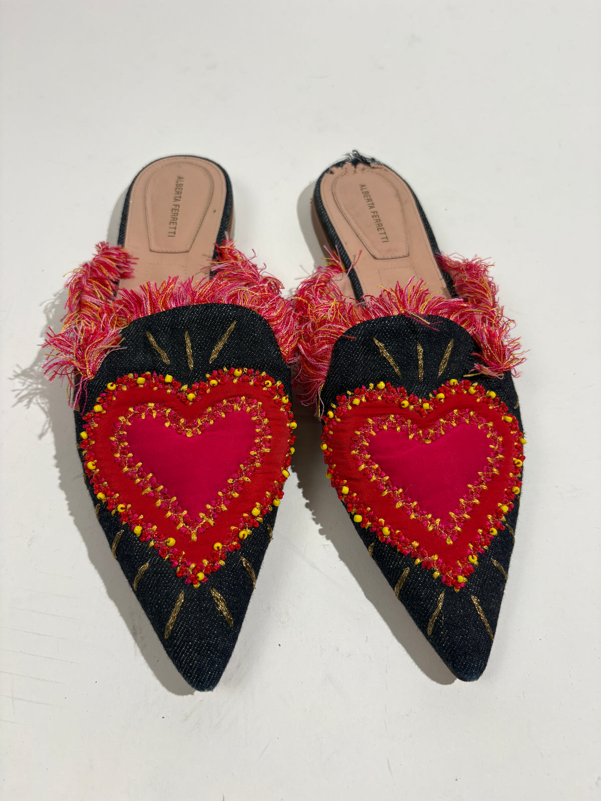 Alberta Ferretti Red Denim Loveheart Pointed Mules