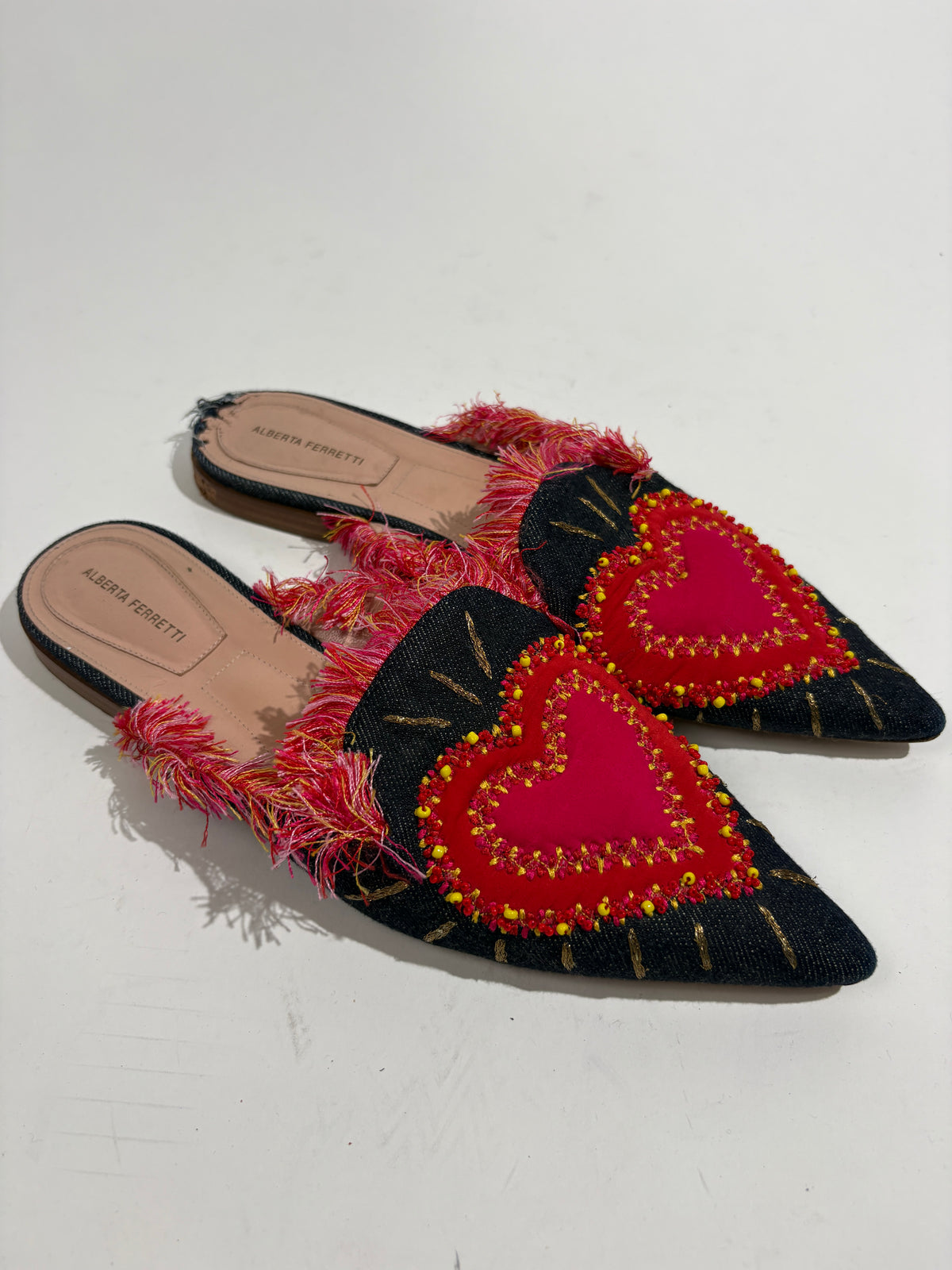 Alberta Ferretti Red Denim Loveheart Pointed Mules