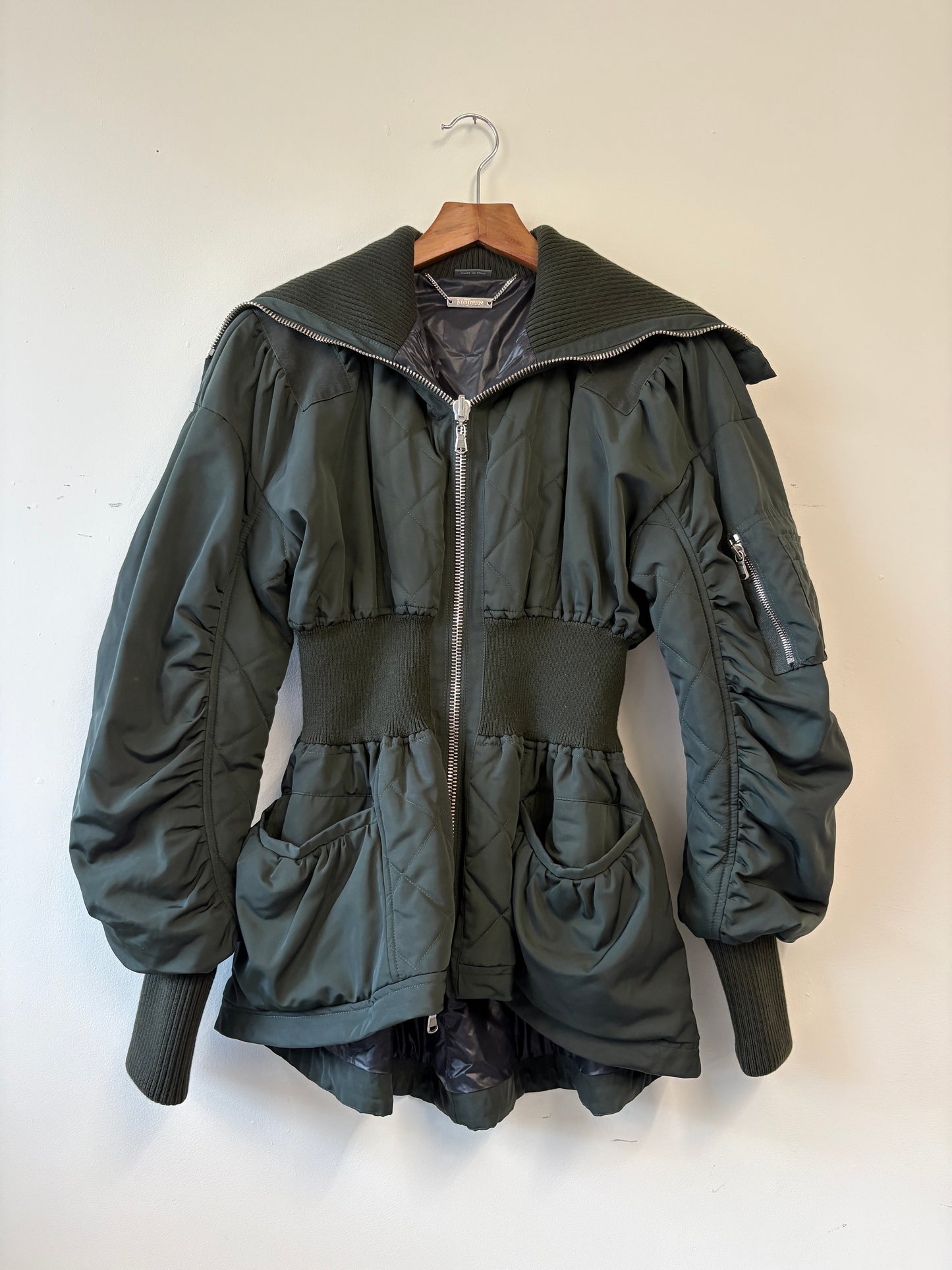Alexander McQueen Green Puffer With Cinched Waist