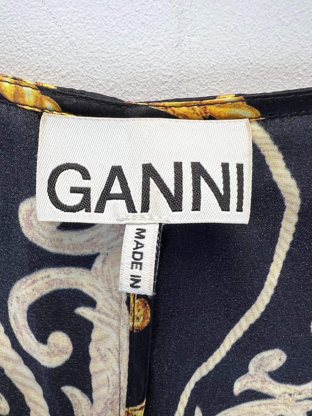 Ganni Black And Gold Chain Print Silk Blouse