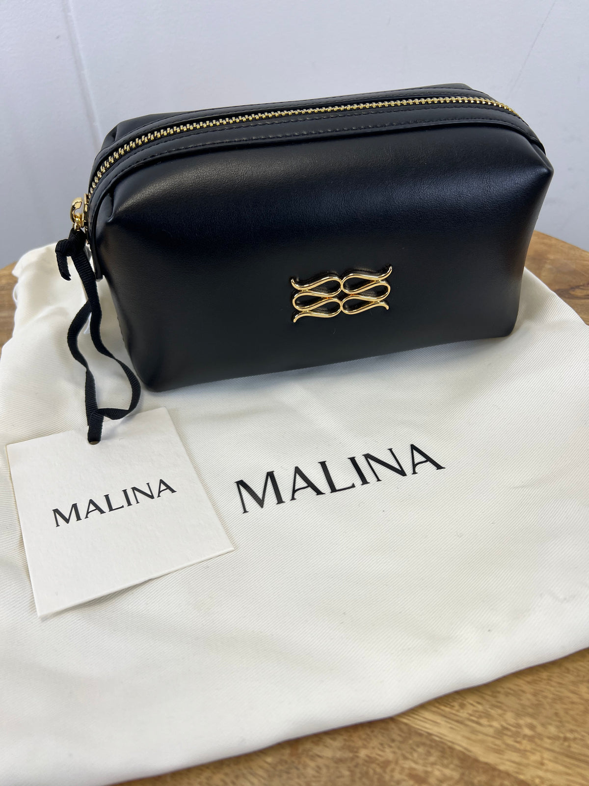 Malina Black Leather Monogram Toiletry Bag