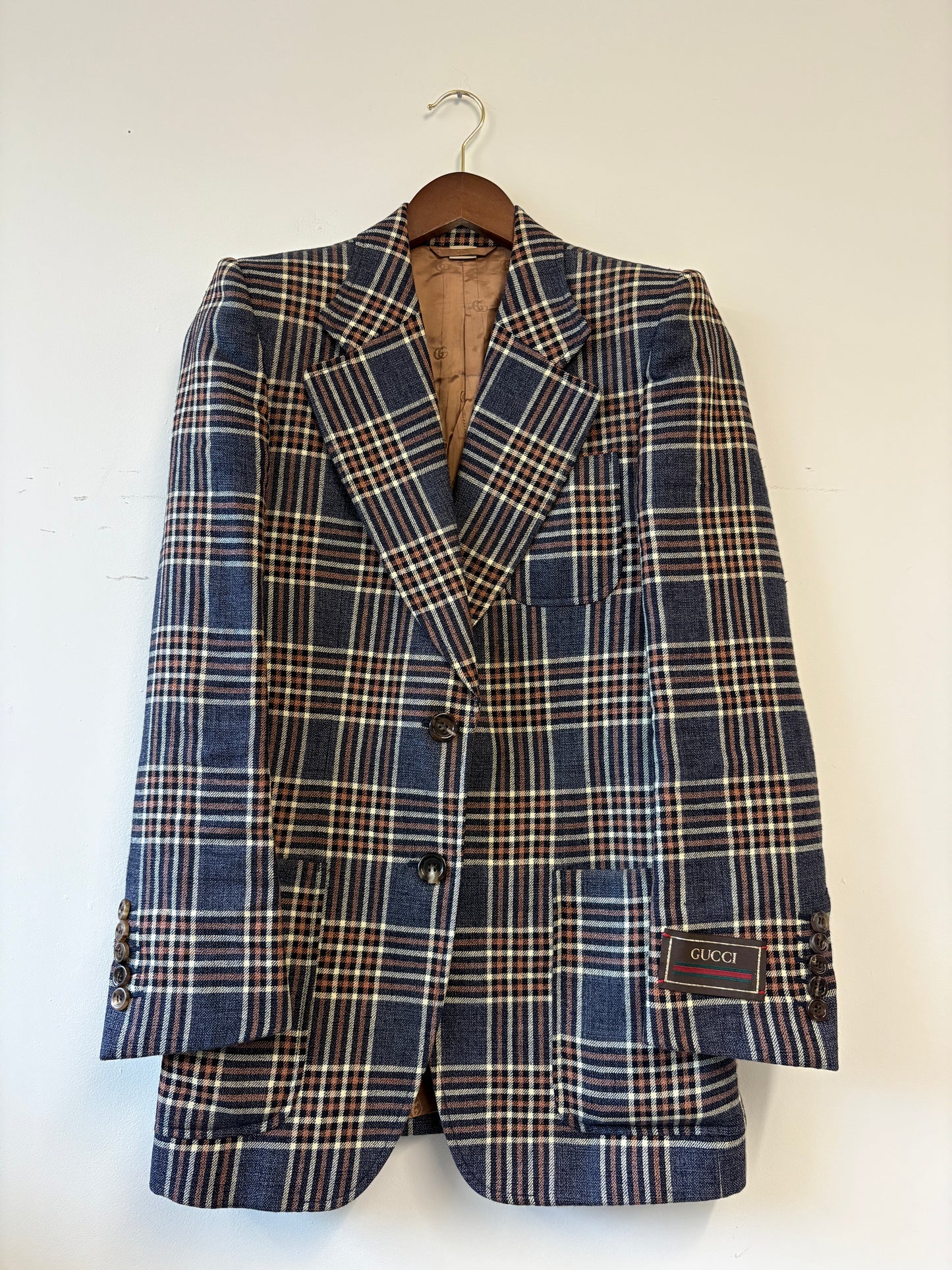 Gucci Blue And Brown Check Blazer With Label